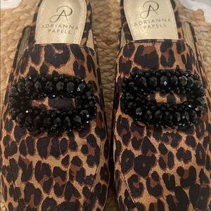 Adrianna Papell Leopard Print Mules with Black Bead Detail
